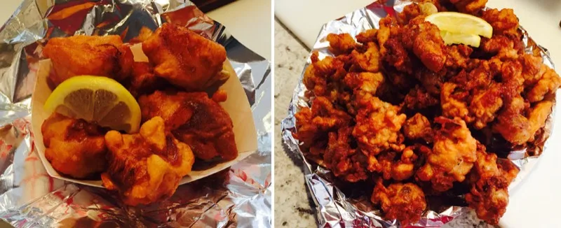 Baskets of fried clams and fried mushrooms with lemon