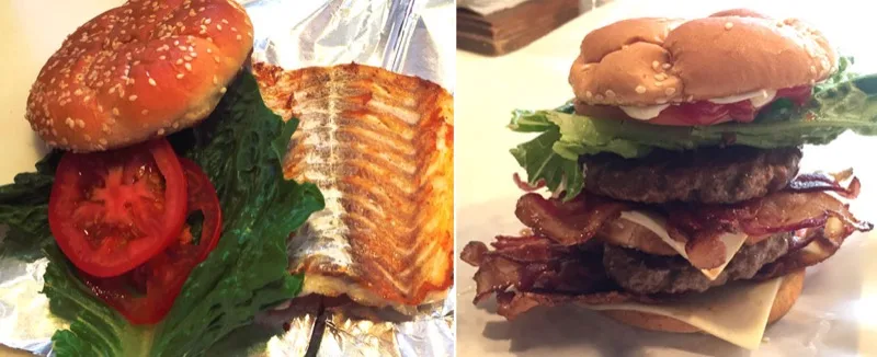 Haddock sandwich and a bacon double cheeseburger