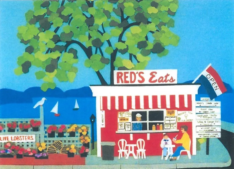 Illustrated postcard art of the Red's Eats stand under the elm tree by the water
